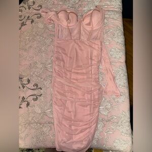 Oh Polly Elegant One-Shoulder Ruched Bodycon Dress in Pink